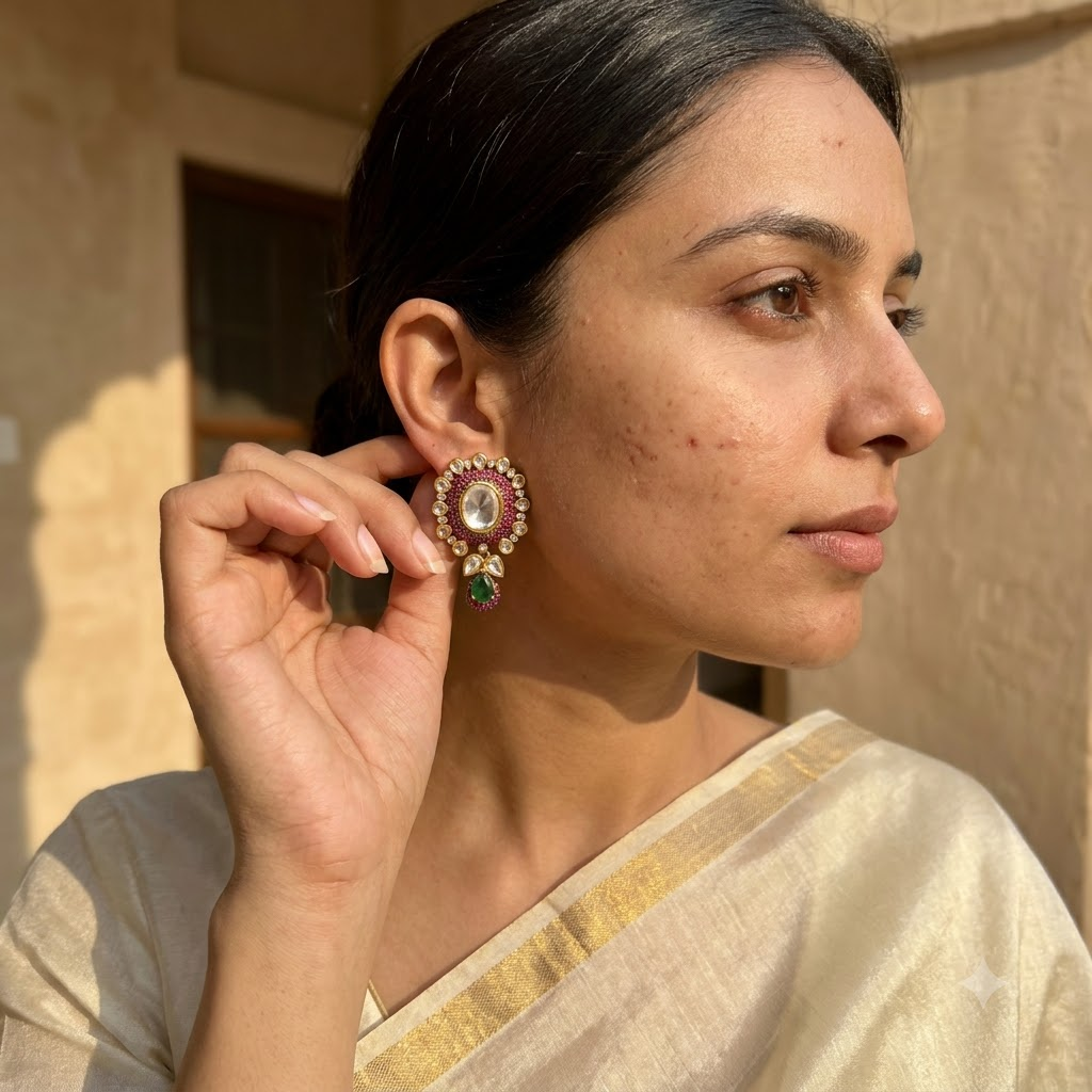 Vedilora Kundan Drop Earrings – Multicolor Stone & Gold-Tone Statement Earrings