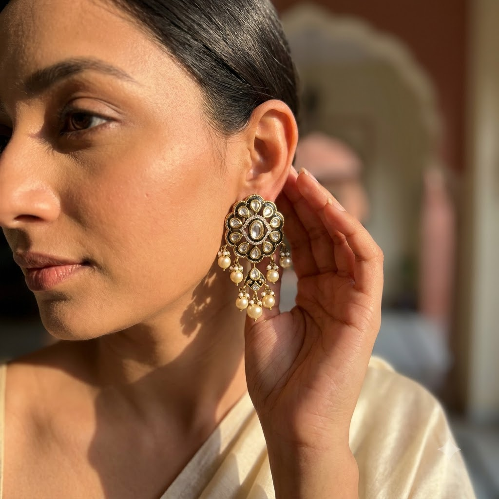 Vedilora Kundan Pearl Chandbali Earrings – Traditional Gold-Tone Statement Jewellery