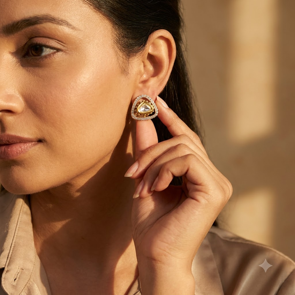 Vedilora Kundan Triangle Stud Earrings – Gold-Tone Crystal Statement Earrings