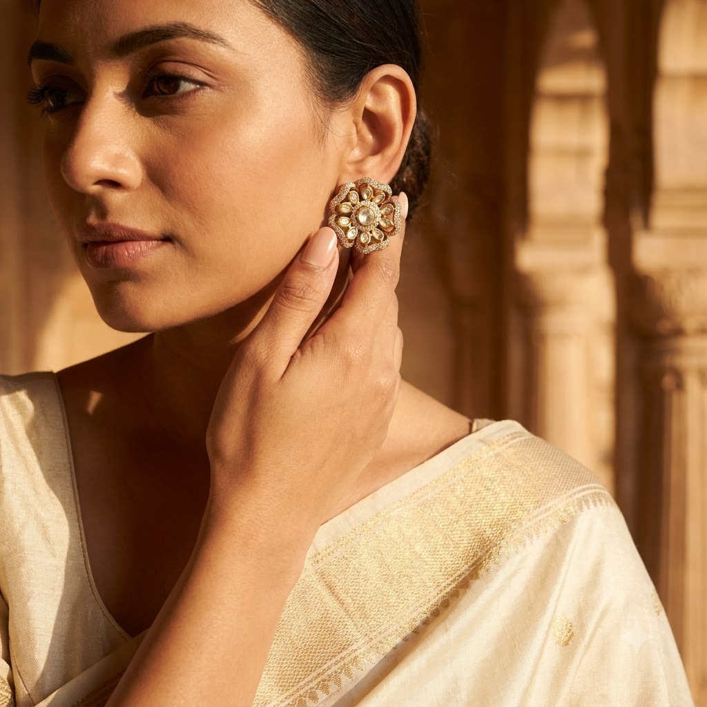 Vedilora Kundan Floral Stud Earrings – Elegant Gold-Tone Statement Jewellery