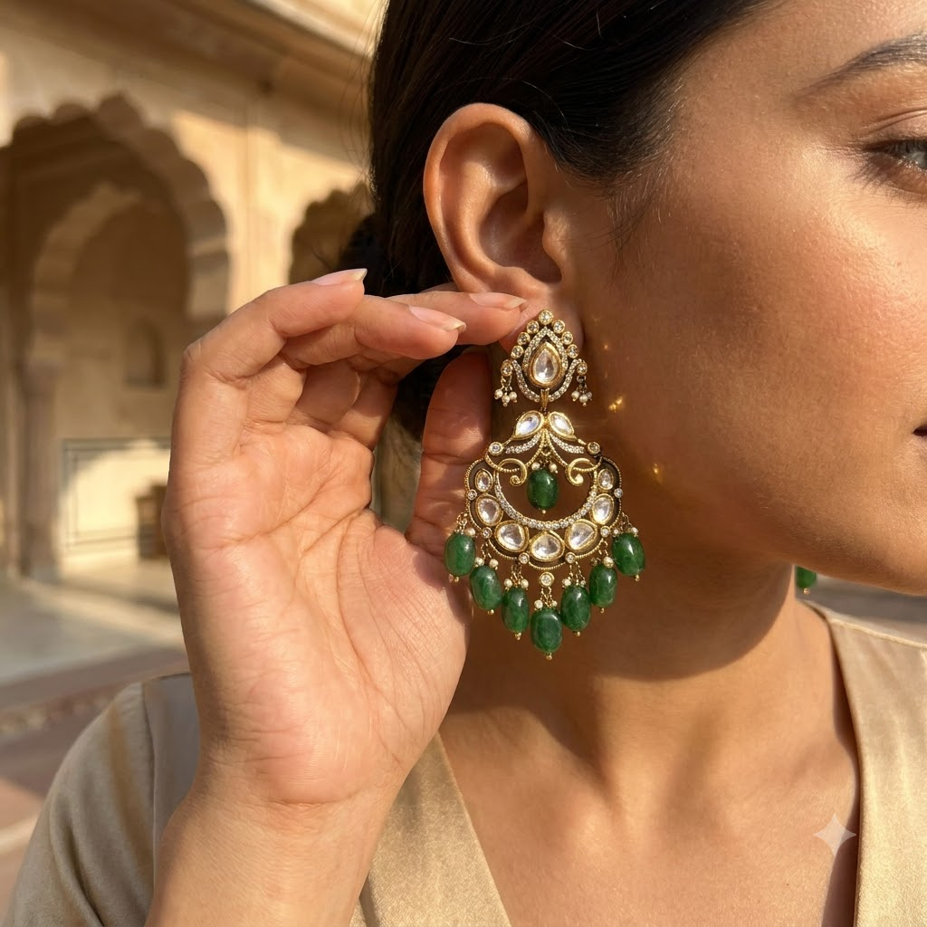 Vedilora Kundan Pearl Chandbali Earrings – Traditional Statement Jewellery