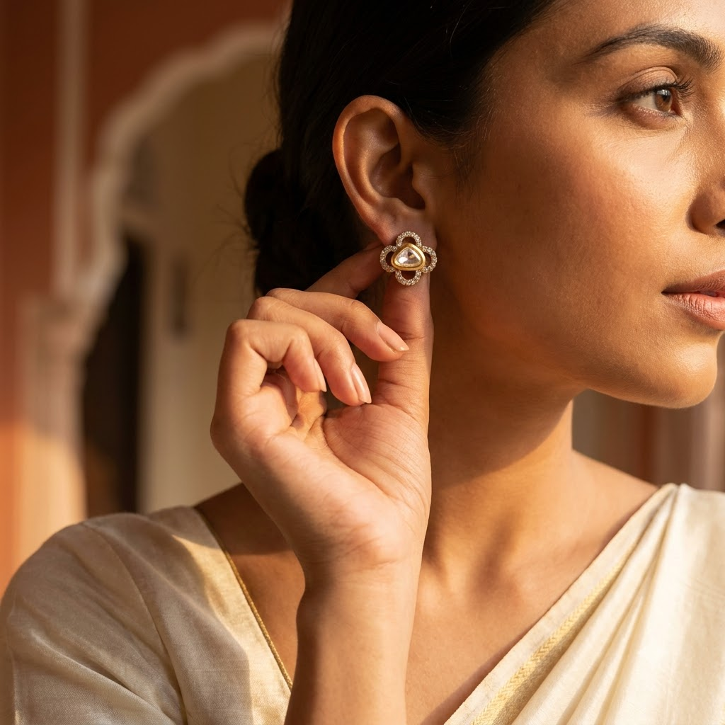 Vedilora Kundan Triangle Stud Earrings – Elegant Gold-Tone Statement Jewellery