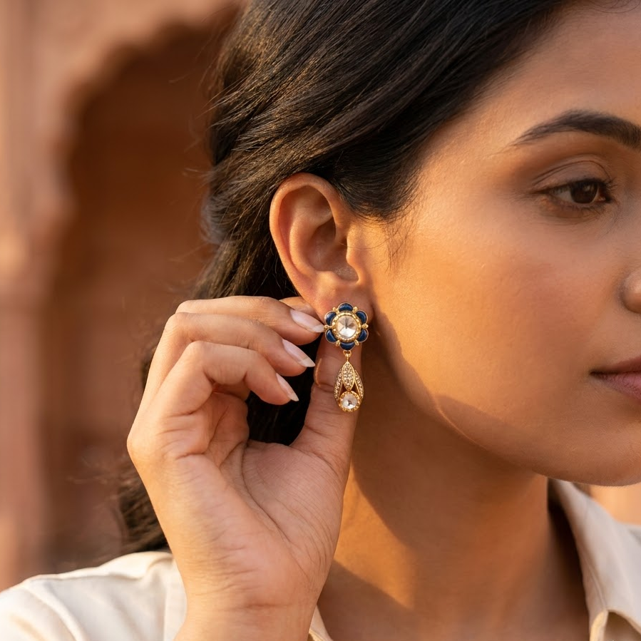 Vedilora Kundan Drop Earrings – Green, Blue & Ruby Floral Statement Jewellery