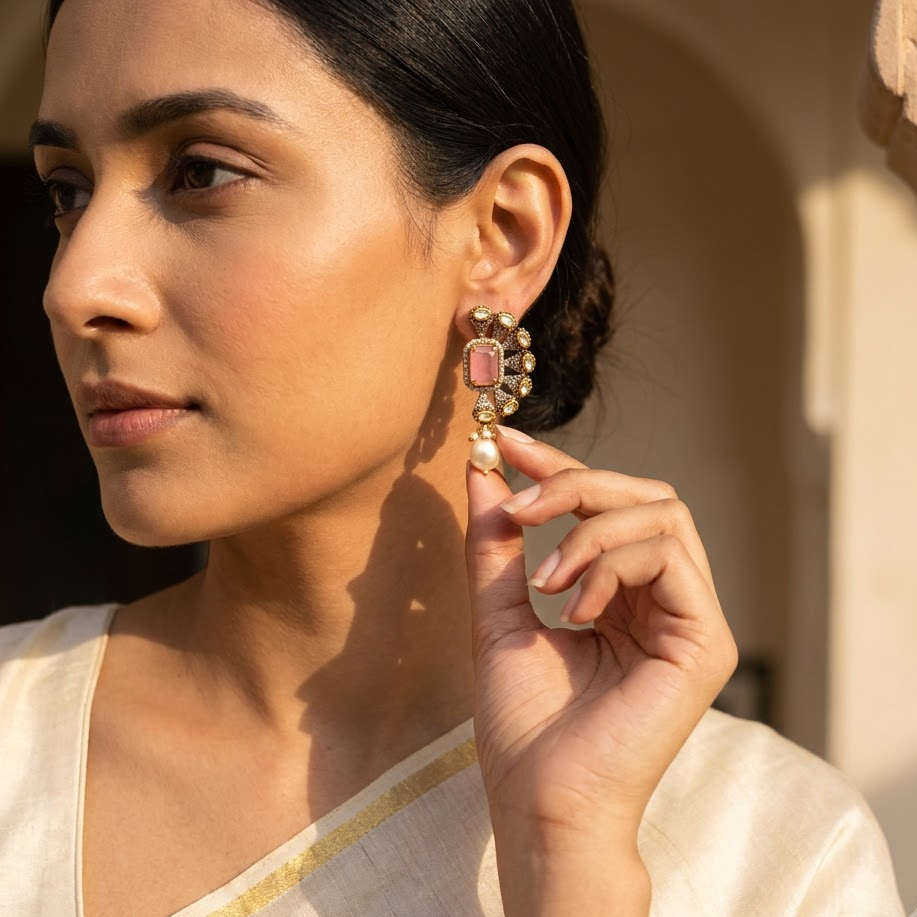 Vedilora Kundan Pearl Drop Earrings – Green & Pink Statement Ethnic Jewellery
