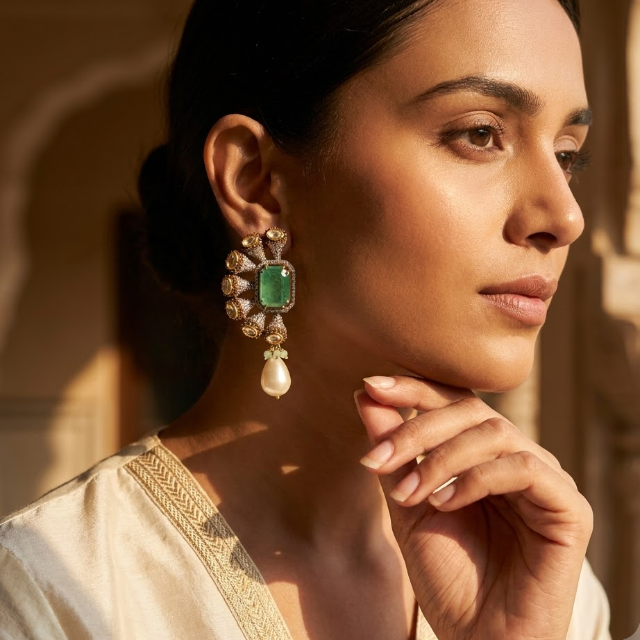 Vedilora Kundan Pearl Drop Earrings – Green & Pink Statement Ethnic Jewellery