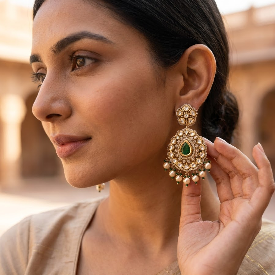 Vedilora Kundan Pearl Drop Earrings – Ruby, Green & White Statement Jewellery