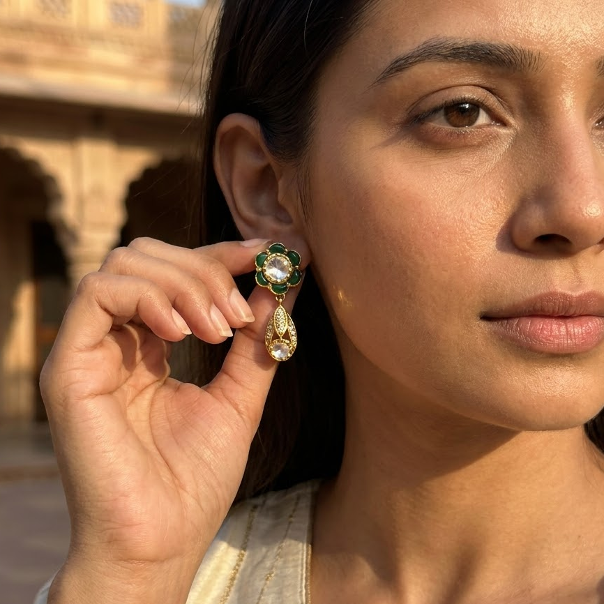 Vedilora Kundan Drop Earrings – Green, Blue & Ruby Floral Statement Jewellery