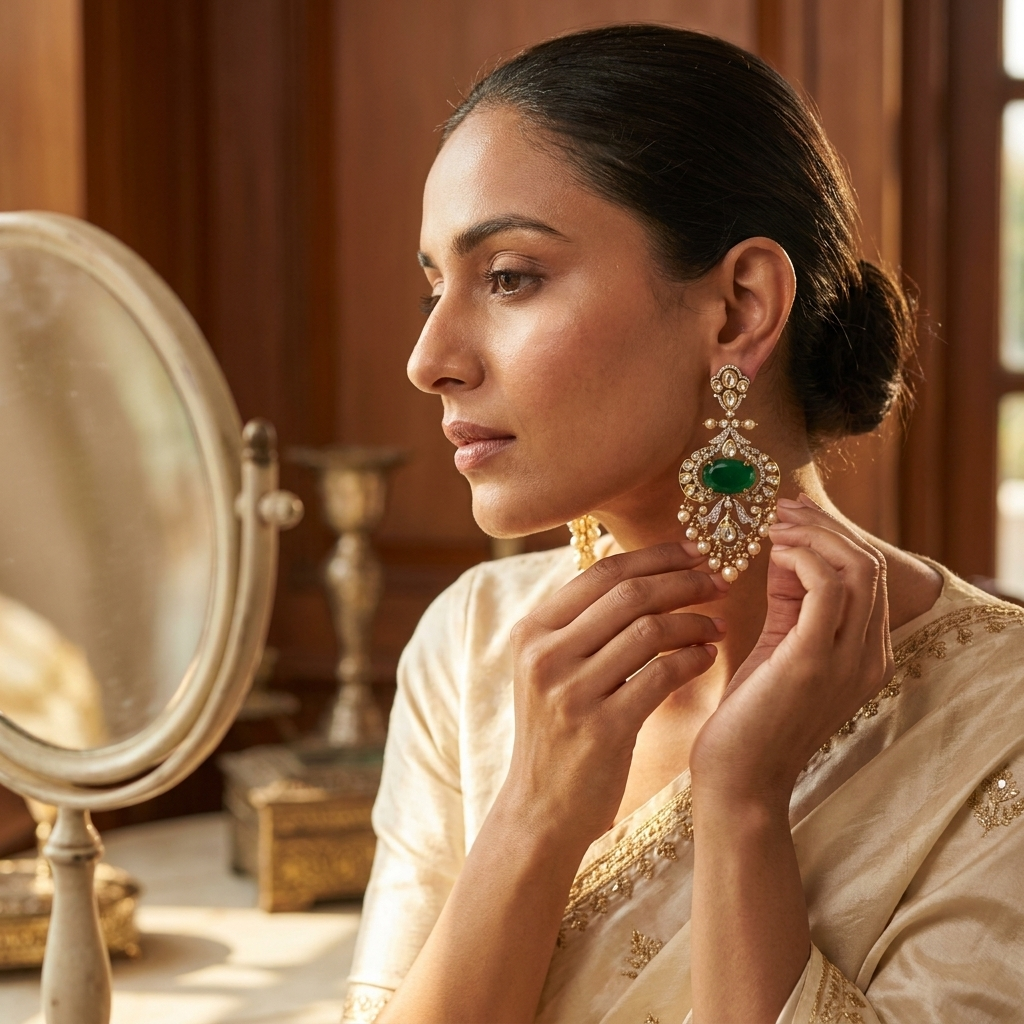 Emerald Green Kundan-Inspired Pearl Drop Earrings
