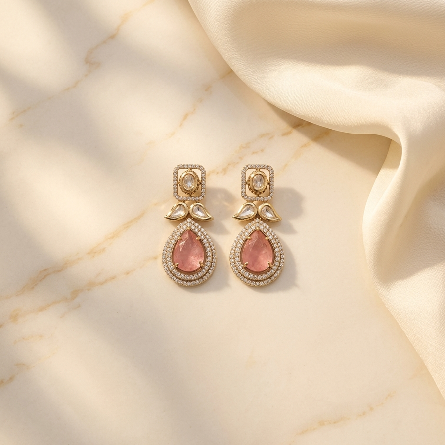 Blush Pink Teardrop Earrings – Gold-Finish Crystal Statement Earrings