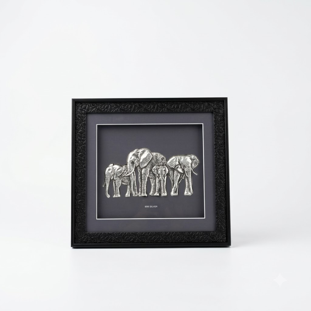 Elegant Elephant Family 999 Silver Foil Art Frame