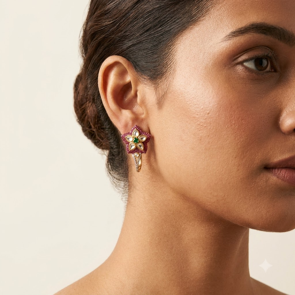 Vedilora Kundan Floral Drop Earrings – Green & White Statement Earrings