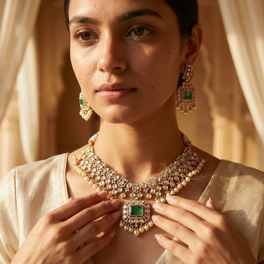 Emerald Kundan Bridal Necklace Set