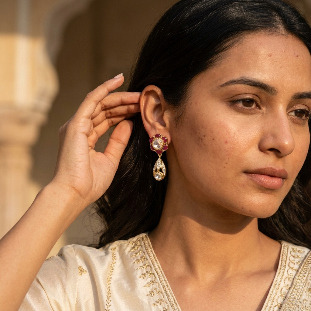 Elegant Ruby Pink Kundan-Inspired Drop Earrings