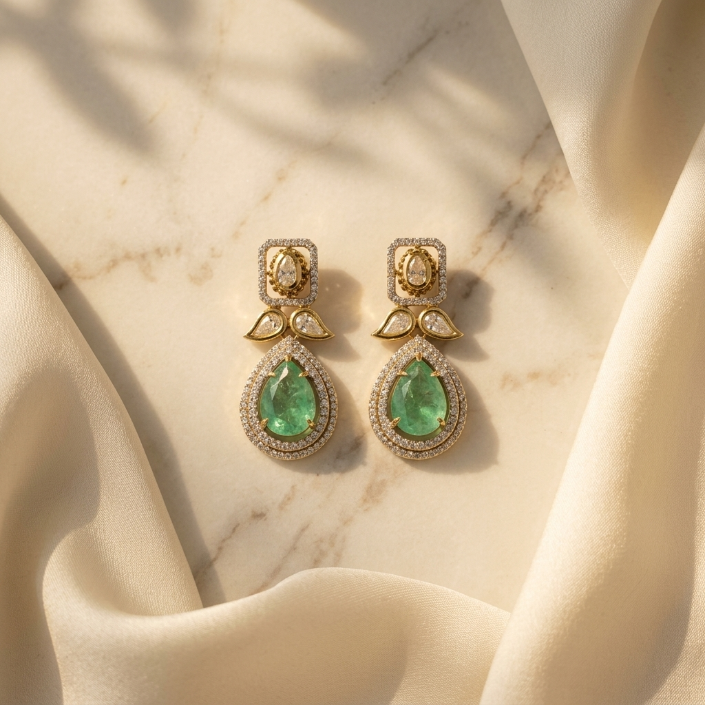 Emerald Green Teardrop Earrings – Gold-Finish Crystal Statement Earrings