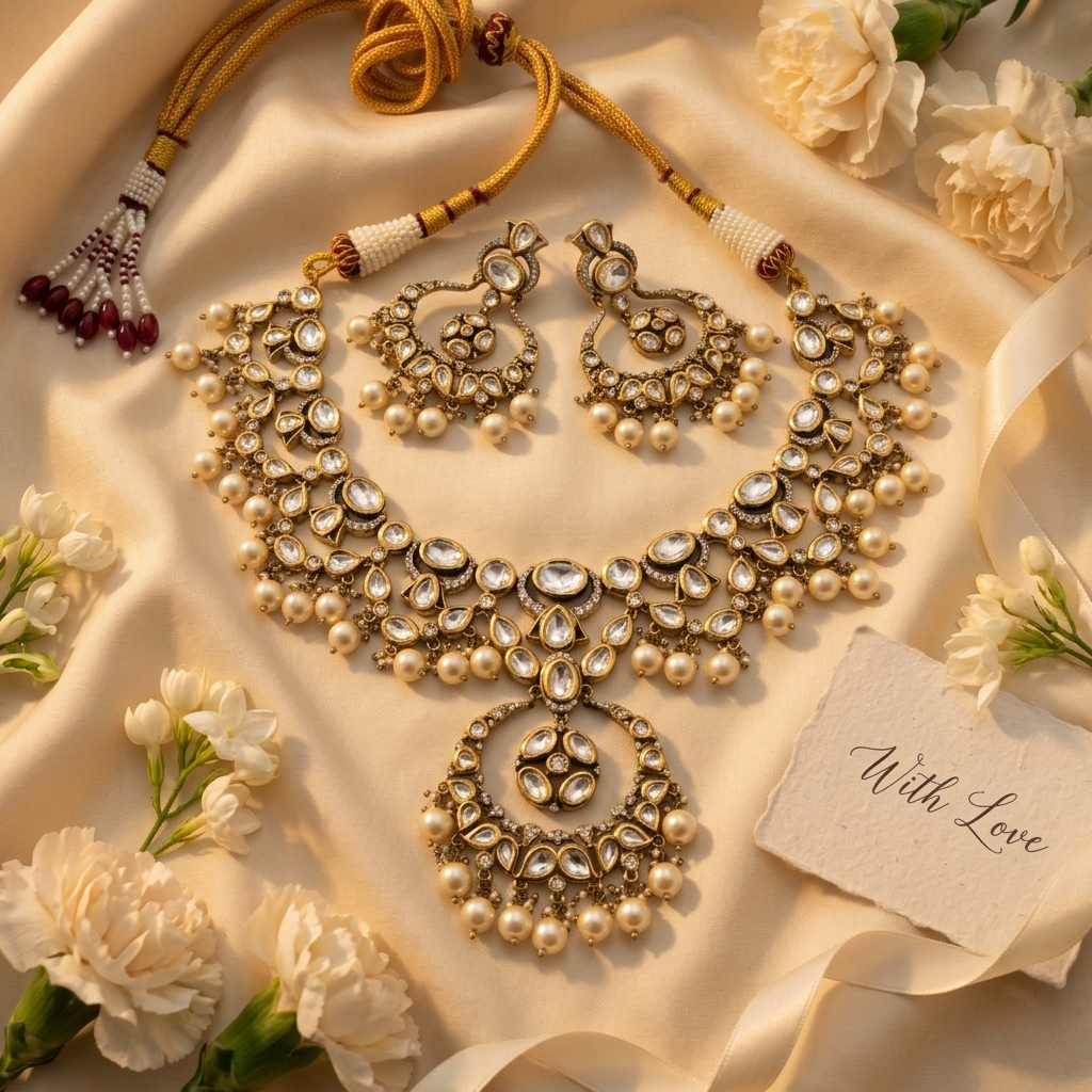 Royal Pearl Kundan-Inspired Bridal Necklace & Earrings Set