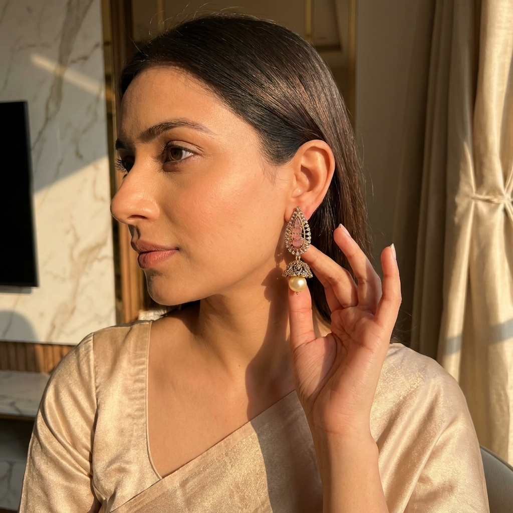 Elegant Pink Kundan-Inspired Pearl Jhumka Earrings