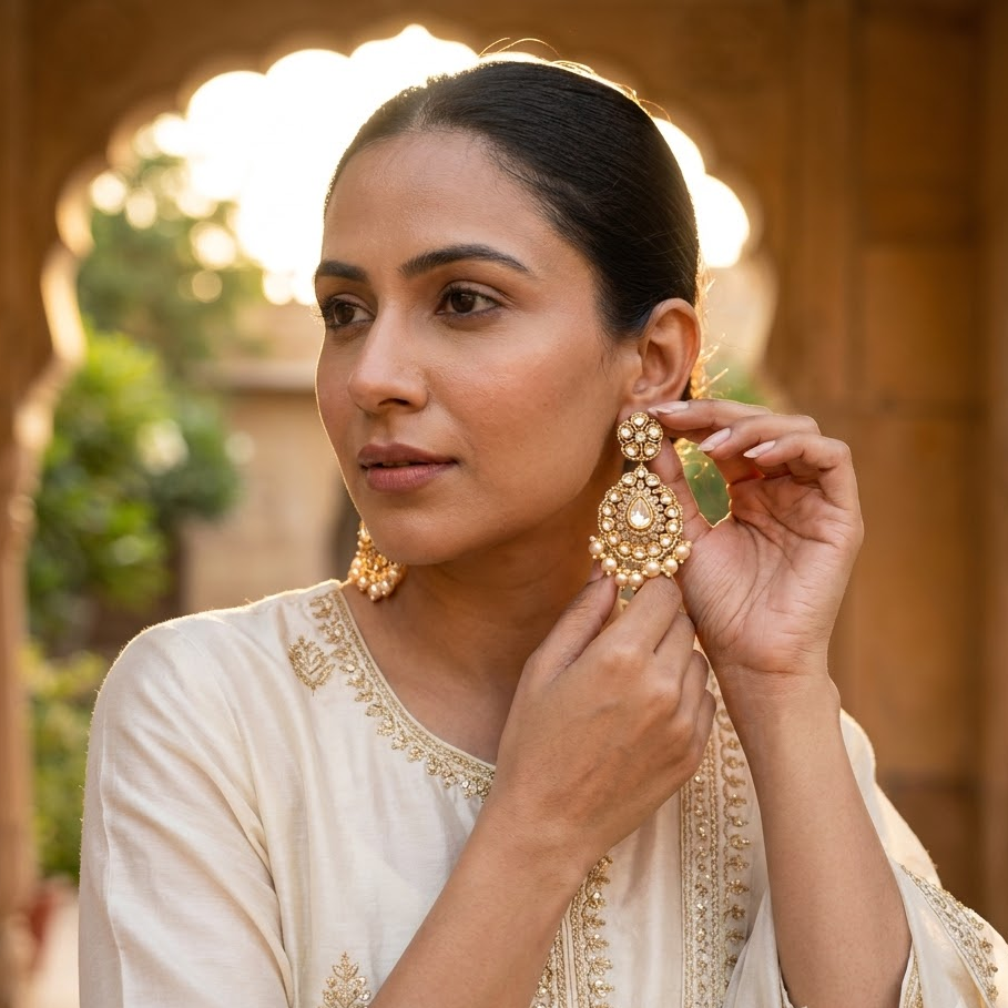 Vedilora Kundan Pearl Drop Earrings – Ruby, Green & White Statement Jewellery