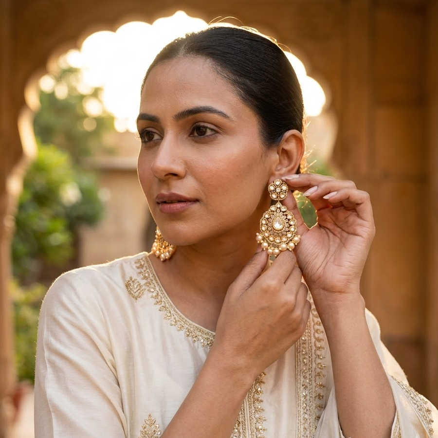 Asha Kundan-Inspired Pearl-Style Drop Earrings