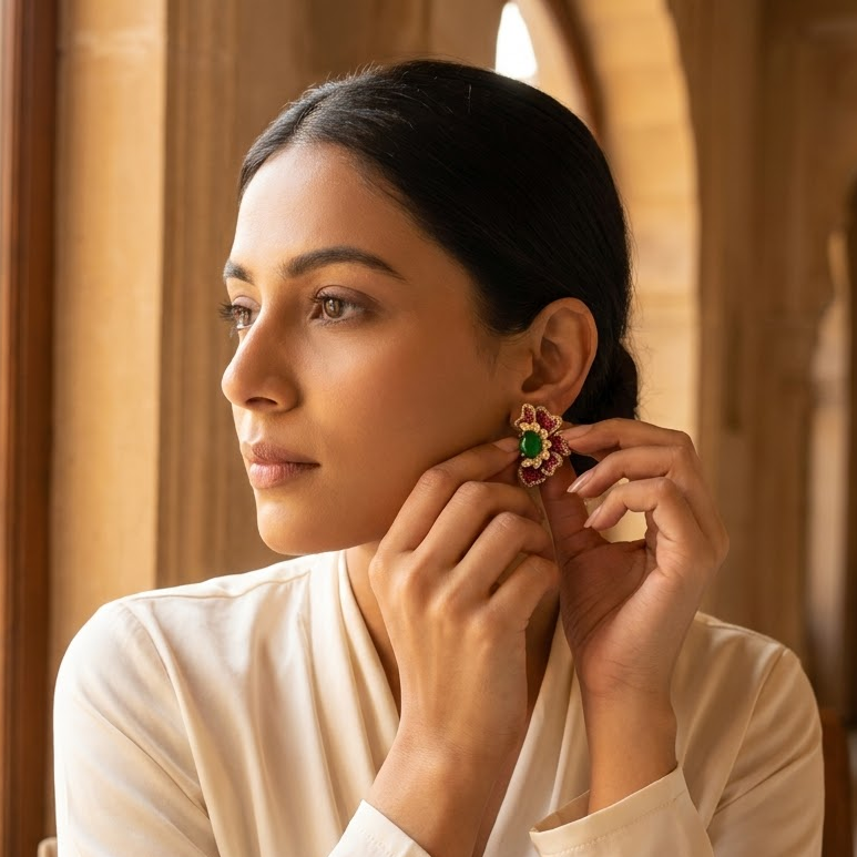 Vedilora Kundan Floral Stud Earrings – Green, Pink & Red Statement Jewellery