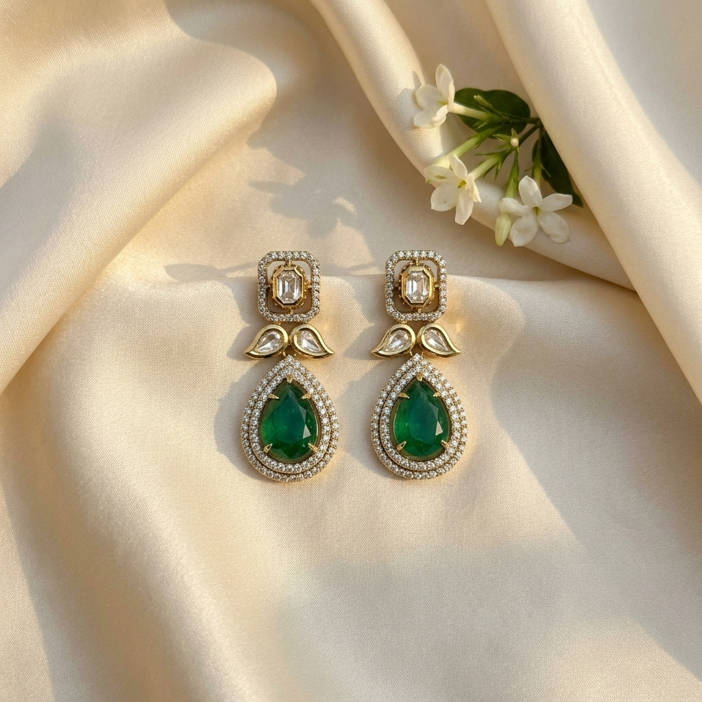 Emerald Green Teardrop Drop Earrings – Gold-Tone Crystal Statement Earrings