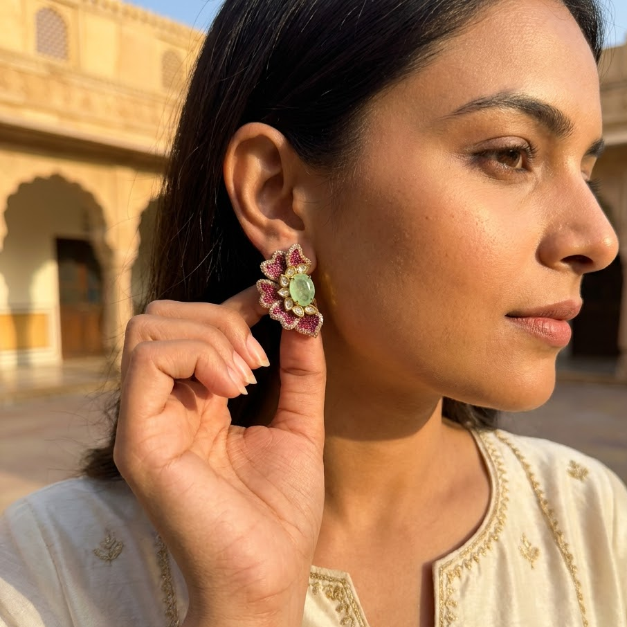 Vedilora Kundan Floral Stud Earrings – Green, Pink & Red Statement Jewellery