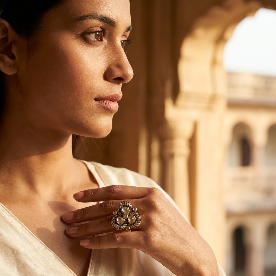 Vedilora Kundan Floral Statement Ring – Gold-Tone Designer Ring