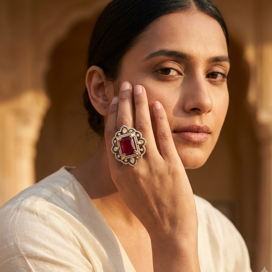 Kundan Floral Statement Ring Free Size / Adjustable Fit