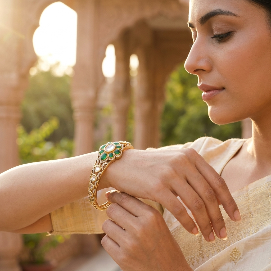Elegant Green Kundan-Inspired Floral Bangle