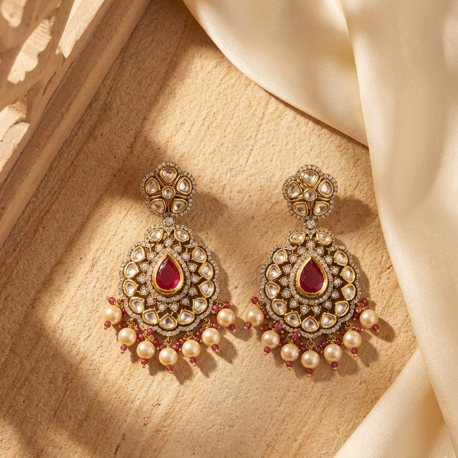 Vedilora Kundan Pearl Drop Earrings – Ruby, Green & White Statement Jewellery