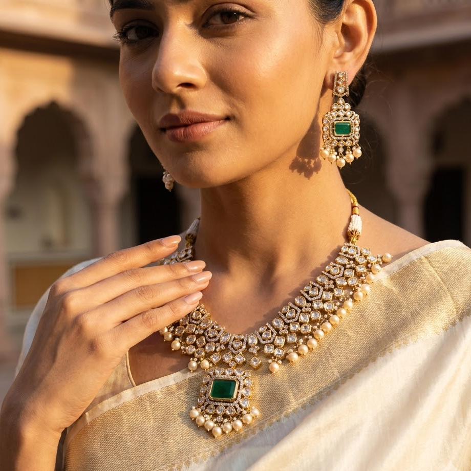 Emerald Kundan Bridal Necklace Set