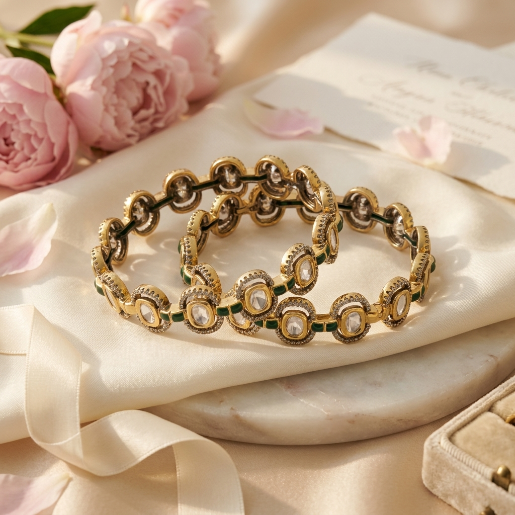 Elegant Green Kundan-Inspired Designer Bangle Set