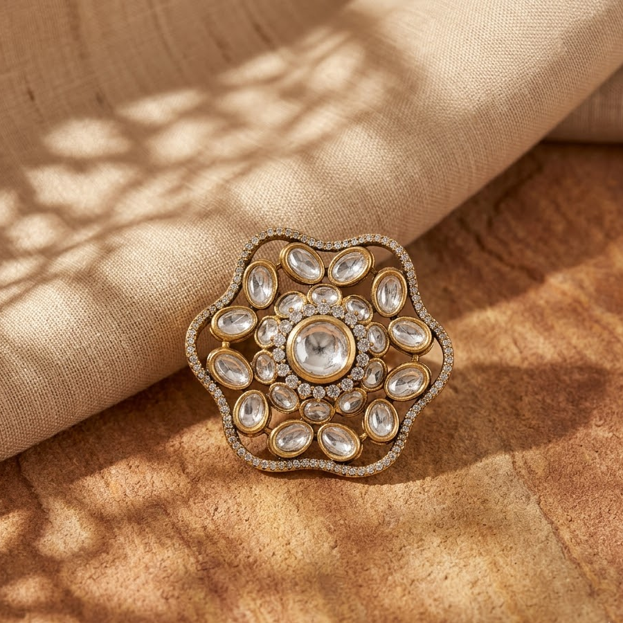 Royal Floral Kundan Statement Ring Free Size / Adjustable Fit