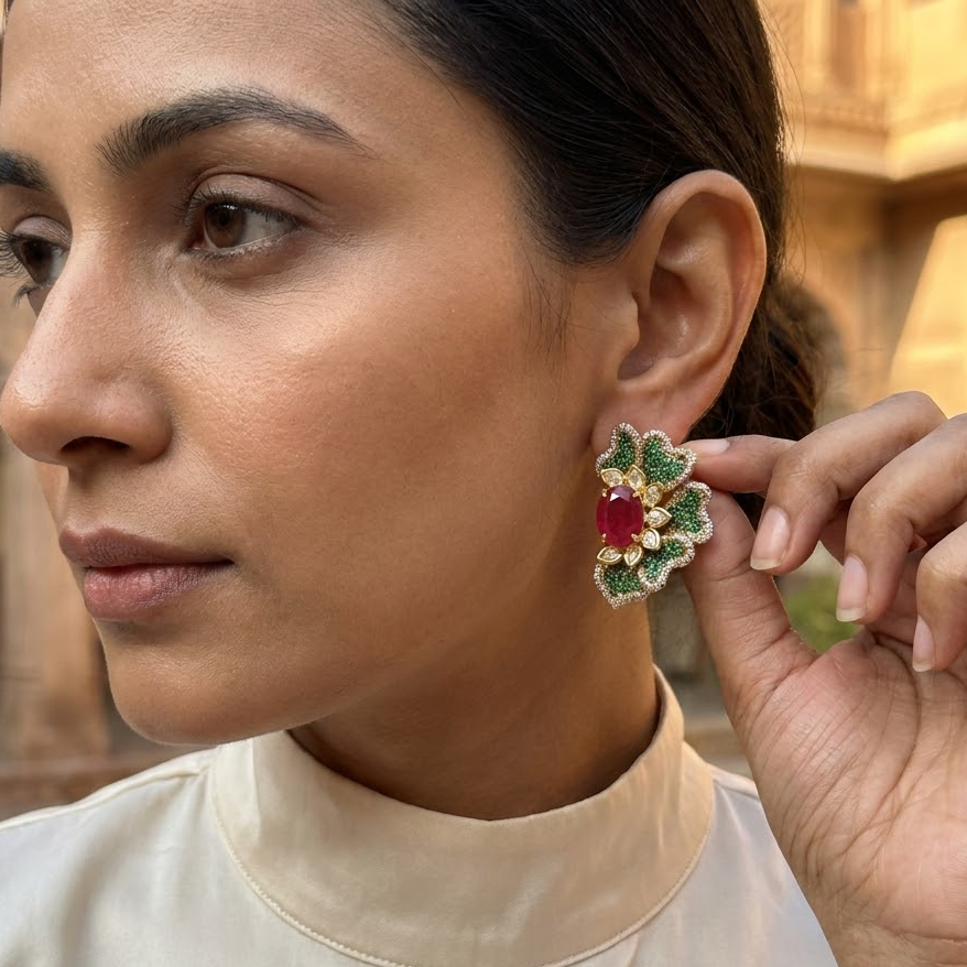 Vedilora Kundan Floral Stud Earrings – Green, Pink & Red Statement Jewellery