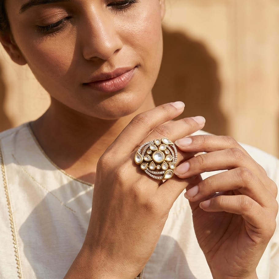 Vedilora Royal Kundan Floral Statement Ring Free Size / Adjustable Fit