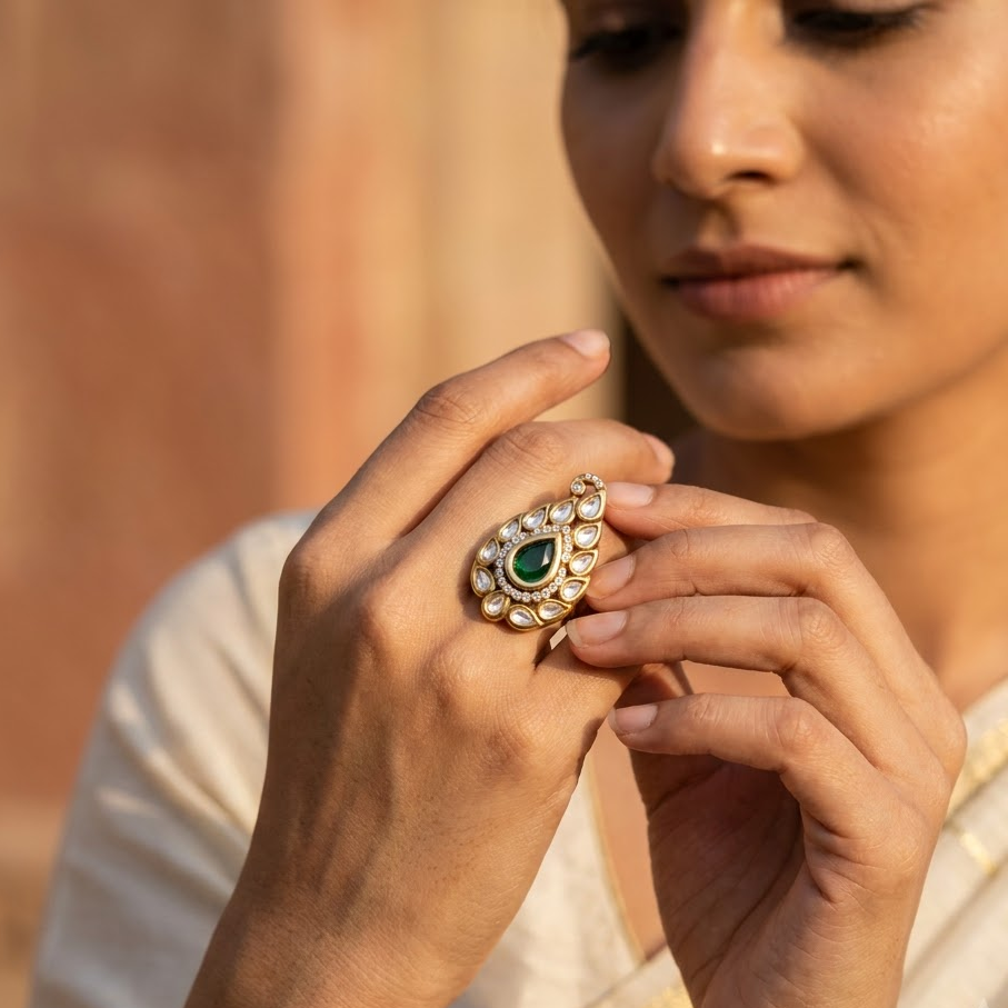 Teardrop Kundan Statement Ring Free Size / Adjustable Fit