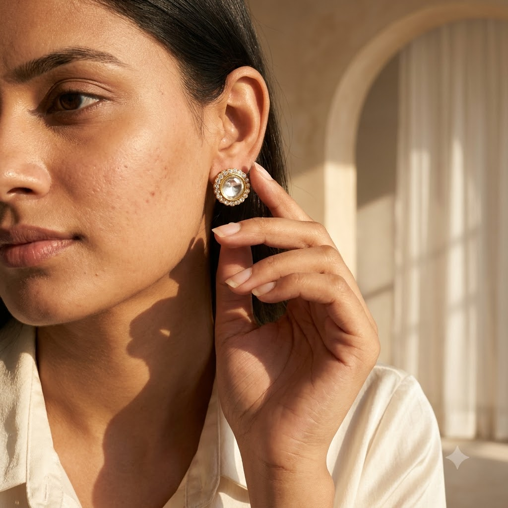 Vedilora Kundan Round Stud Earrings – Gold-Tone Crystal Statement Earrings