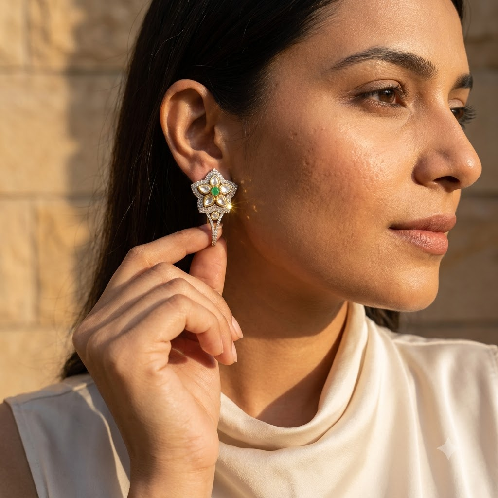 Vedilora Kundan Floral Drop Earrings – Green & White Statement Earrings