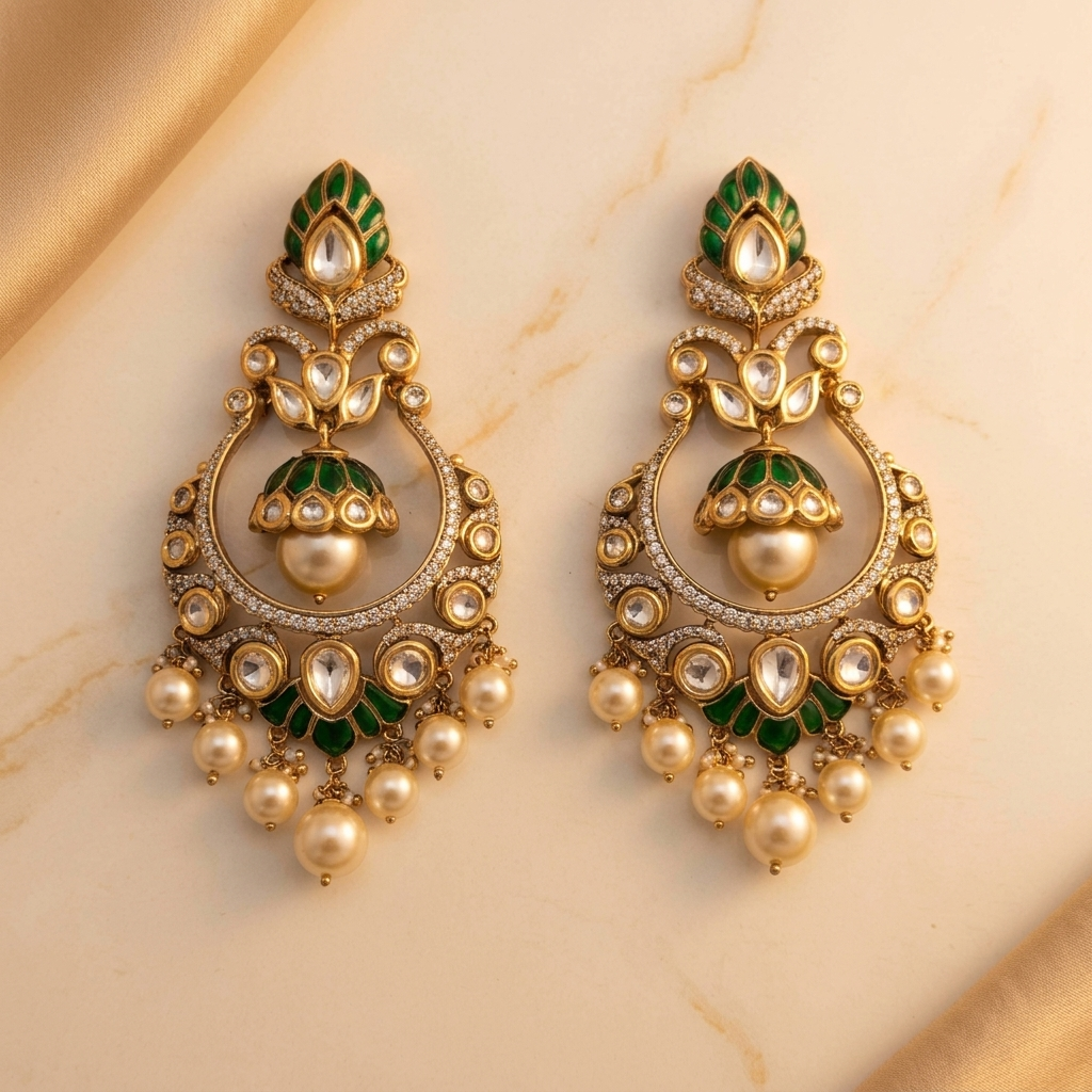 Traditional Kundan Chandbali Earrings – Green