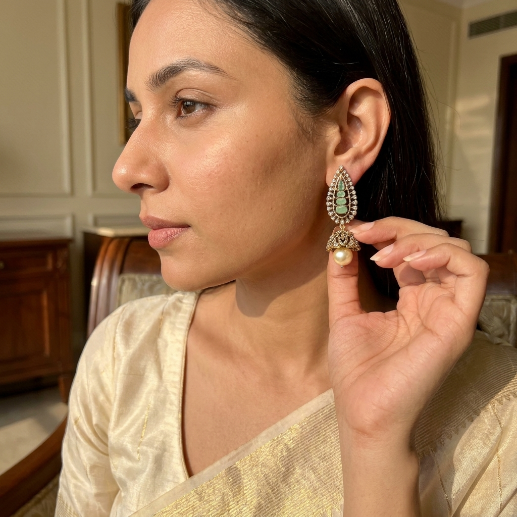 Elegant Green Kundan-Inspired Pearl Jhumka Earrings