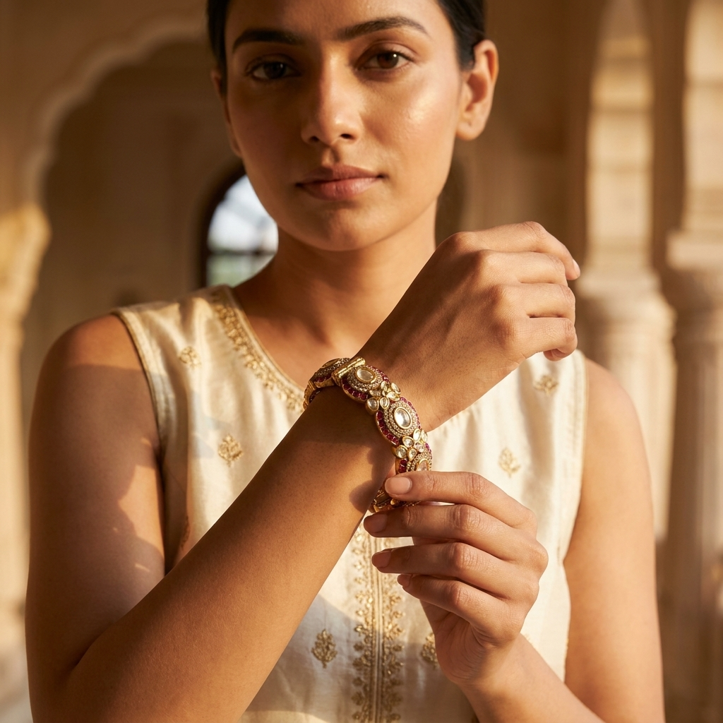 Royal Pink Kundan Antique Bangle