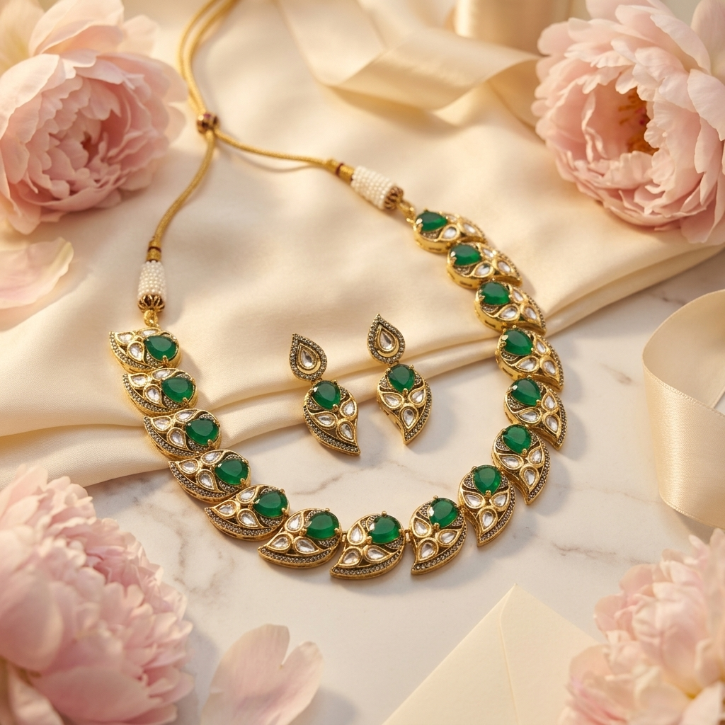 Emerald Green Kundan-Inspired Necklace & Earrings Set