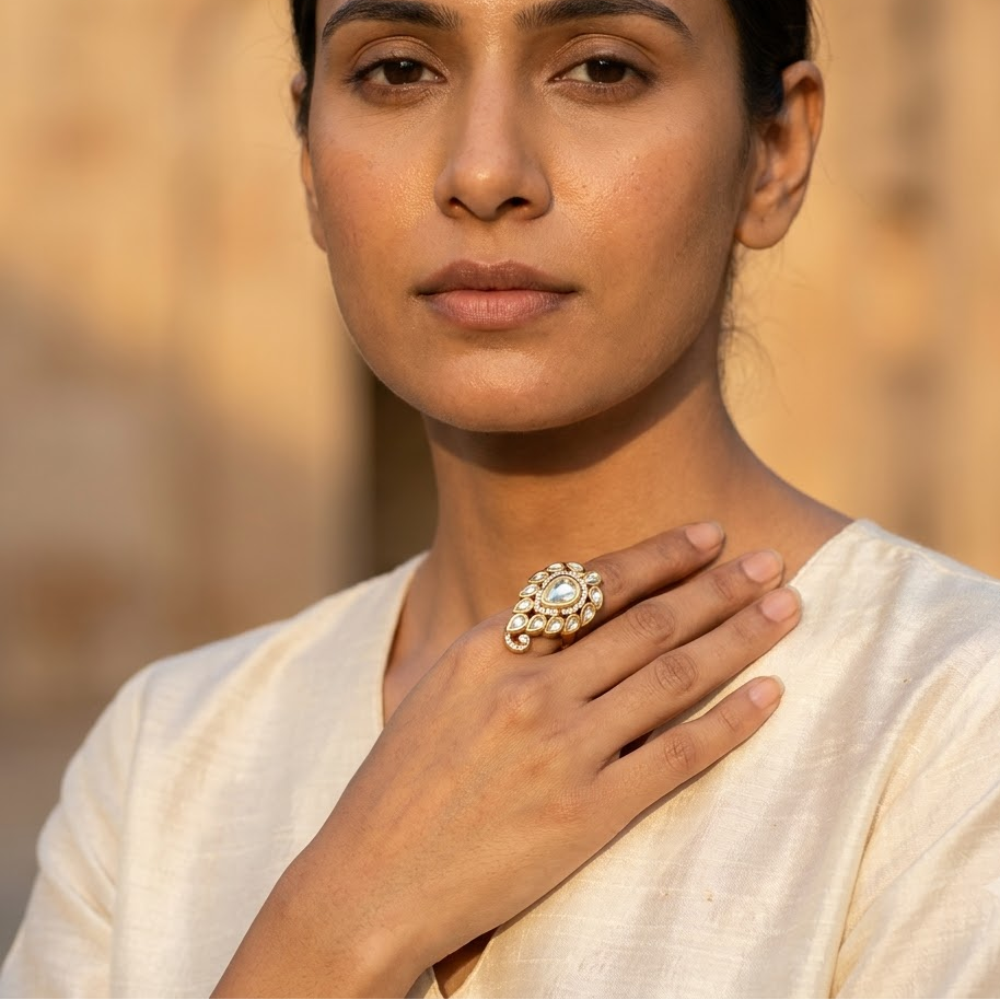 Teardrop Kundan Statement Ring Free Size / Adjustable Fit