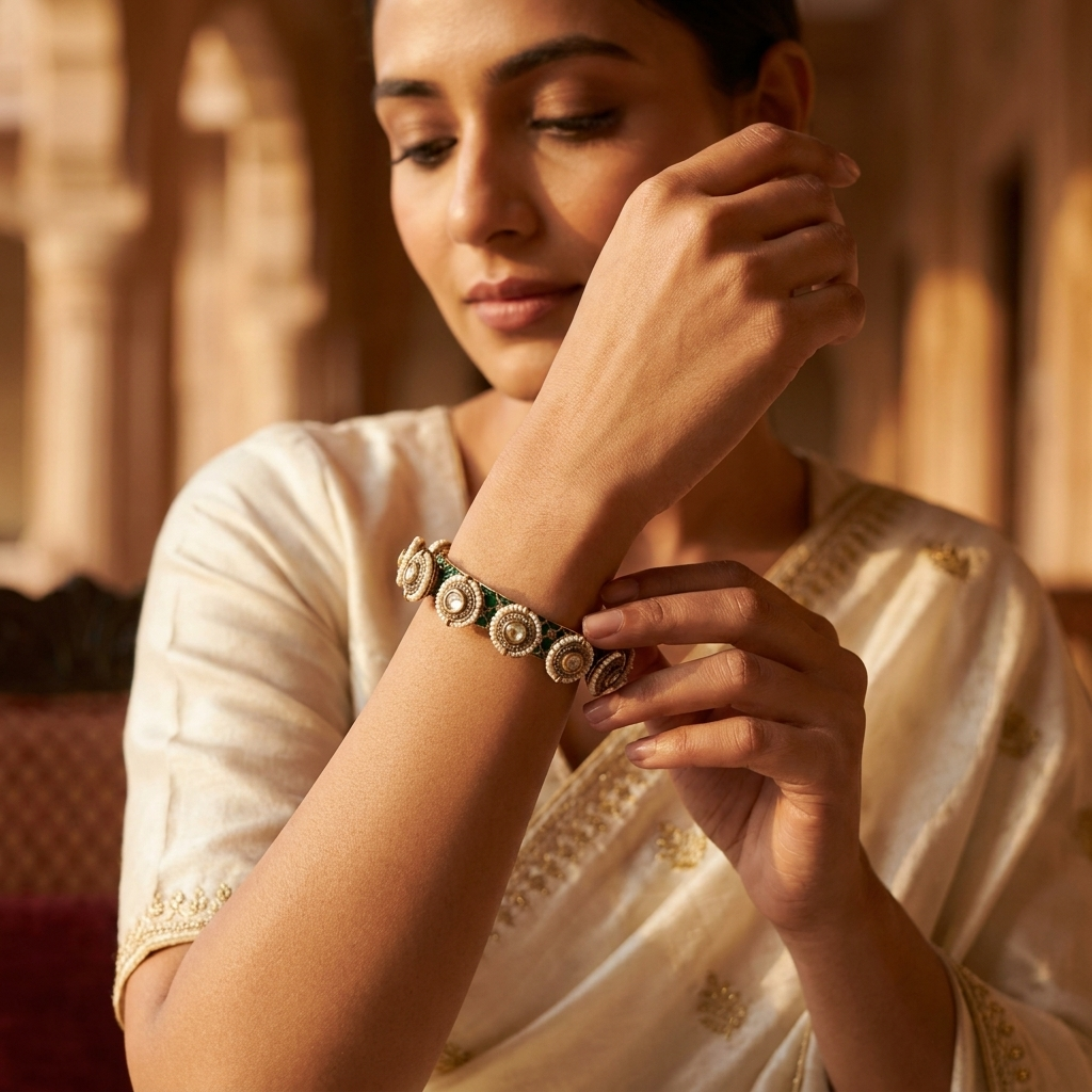 Emerald Green Kundan-Inspired Designer Bangle