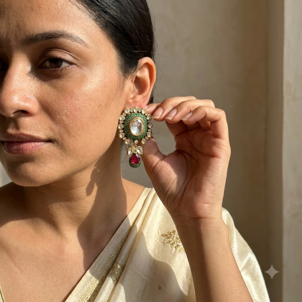Vedilora Kundan Drop Earrings – Multicolor Stone & Gold-Tone Statement Earrings