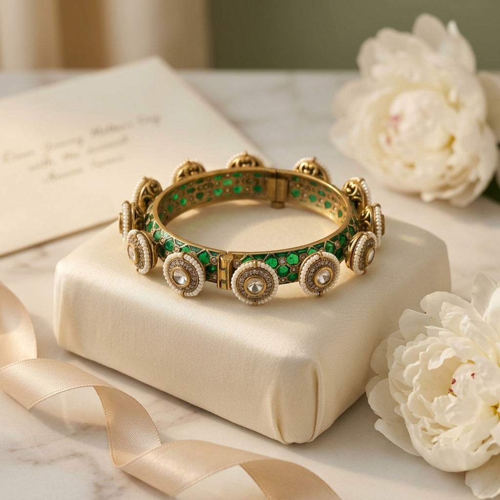 Emerald Green Kundan-Inspired Designer Bangle