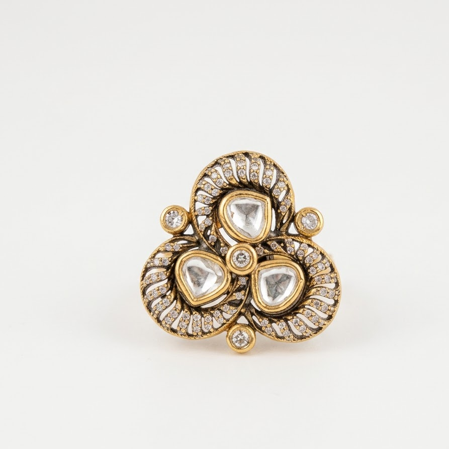 Vedilora Kundan Floral Statement Ring – Gold-Tone Designer Ring