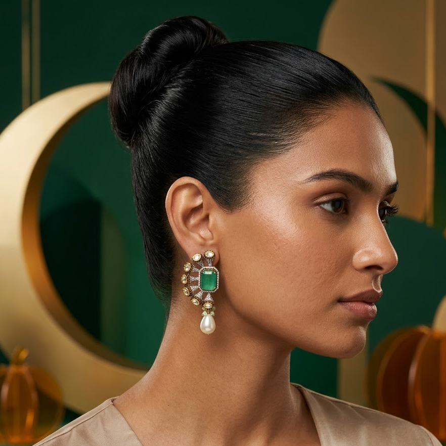 Vedilora Kundan Pearl Drop Earrings – Green & Pink Statement Ethnic Jewellery