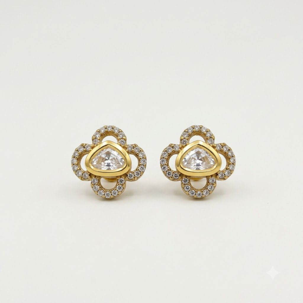 Vedilora Kundan Triangle Stud Earrings – Elegant Gold-Tone Statement Jewellery