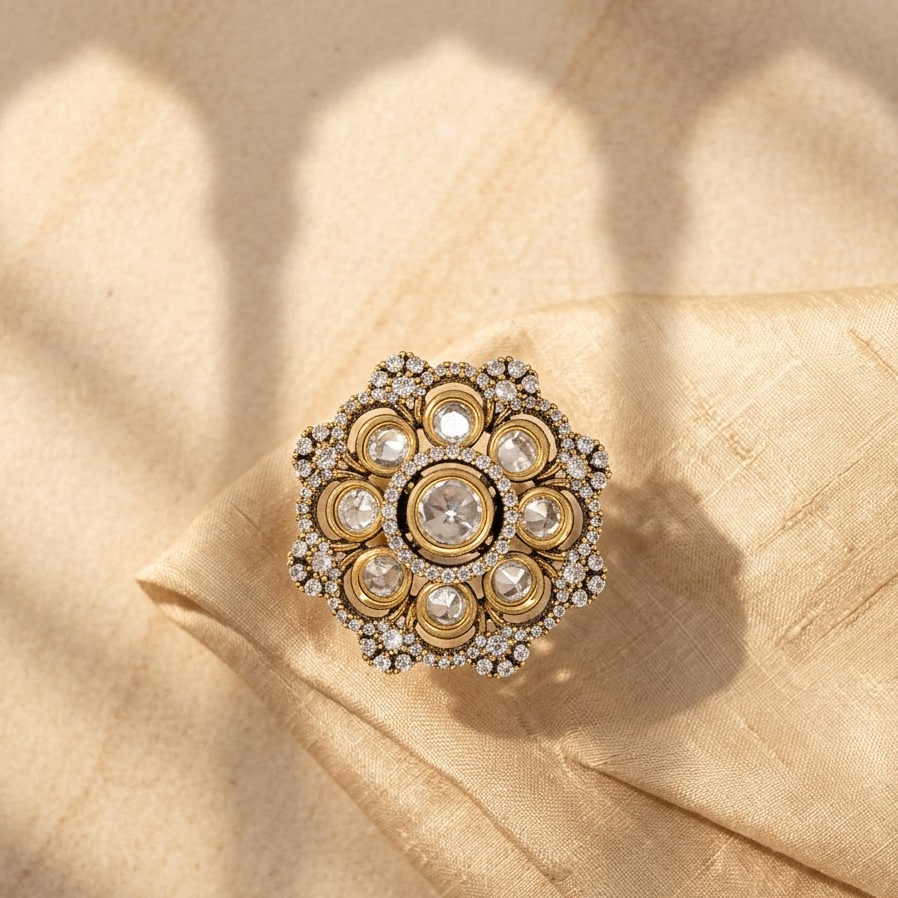 Vedilora Kundan Statement Ring – Free Size Floral Gold-Tone Ring