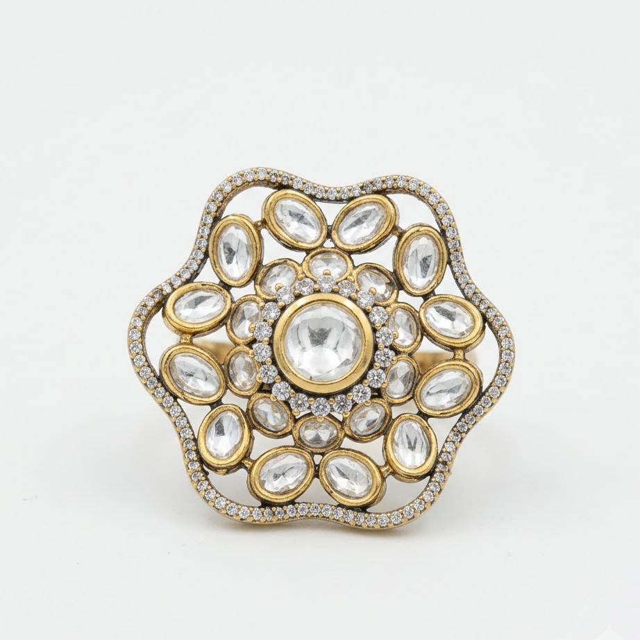 Royal Floral Kundan Statement Ring Free Size / Adjustable Fit